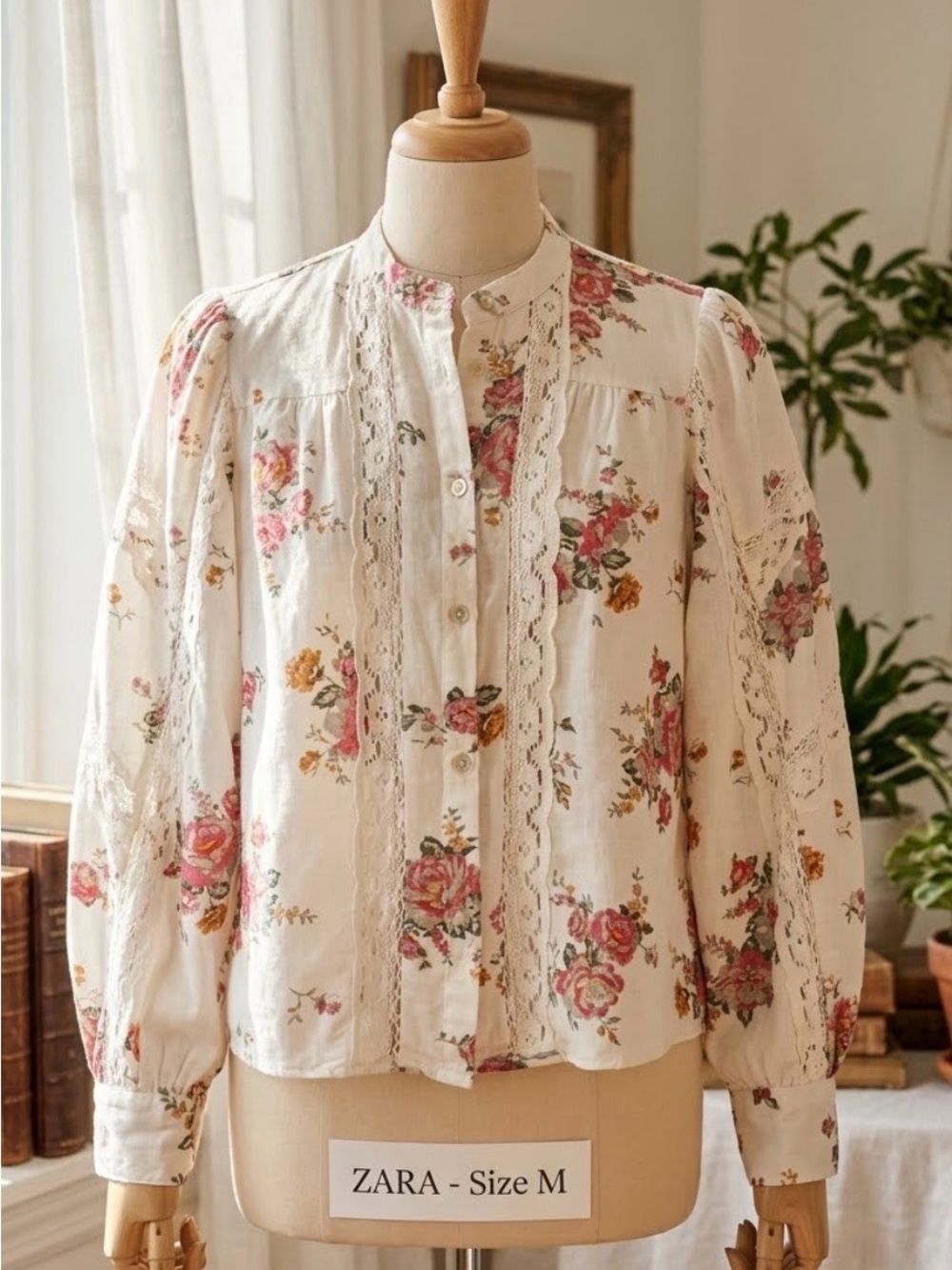 Zara Cream Floral Lace-Trim Button Front Blouse - Pink & Gold Roses Size Meduim
